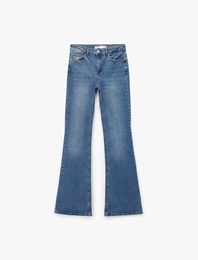 Pamuklu Düğmeli Cepli Dar Kesim Yüksek Bel İspanyol Paça Jean Pantolon - Flare Jeans