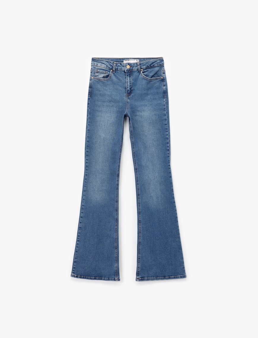   Pamuklu Düğmeli Cepli Dar Kesim Yüksek Bel İspanyol Paça Jean Pantolon - Flare Jeans