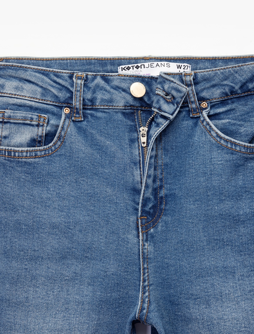   Pamuklu Düğmeli Cepli Dar Kesim Yüksek Bel İspanyol Paça Jean Pantolon - Flare Jeans