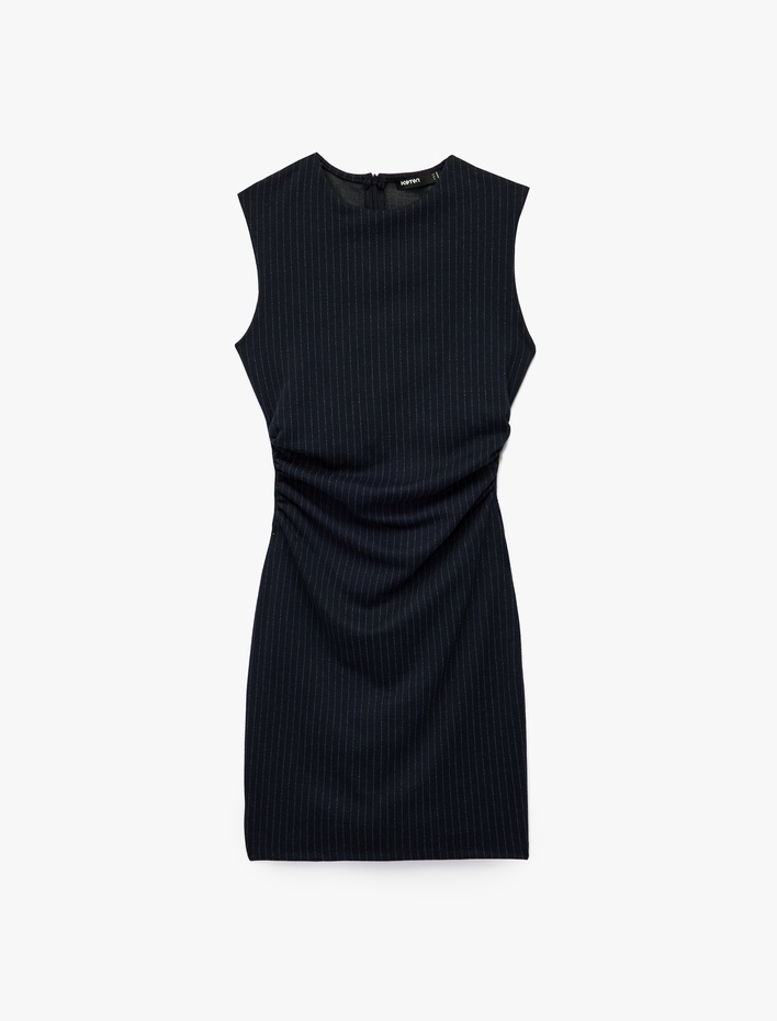  Bisiklet Yaka Drape Detaylı Mini Kolsuz Elbise