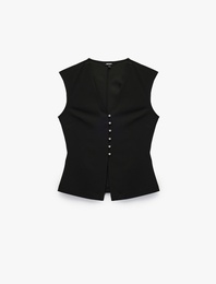 Krep Scuba Kumaş Slim Fit Peplum Kesim Düğmeli V Yaka Yelek
