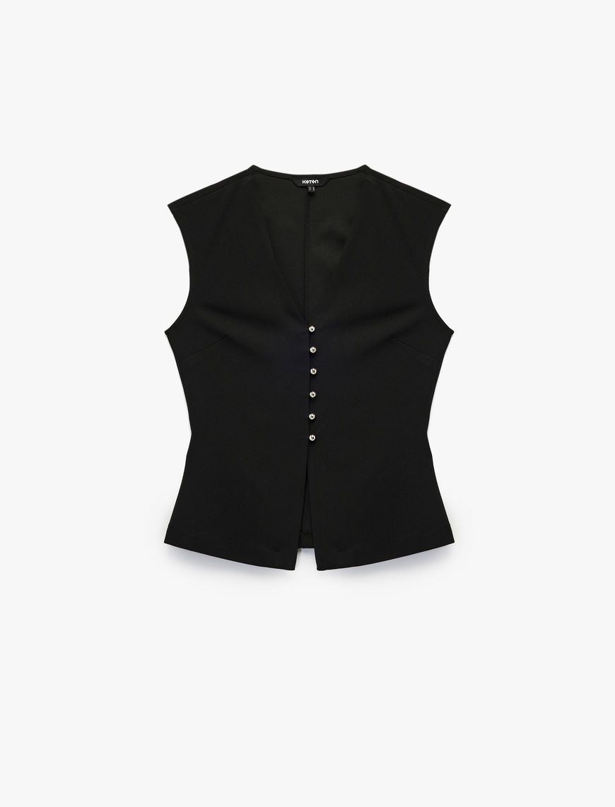   Krep Scuba Kumaş Slim Fit Peplum Kesim Düğmeli V Yaka Yelek