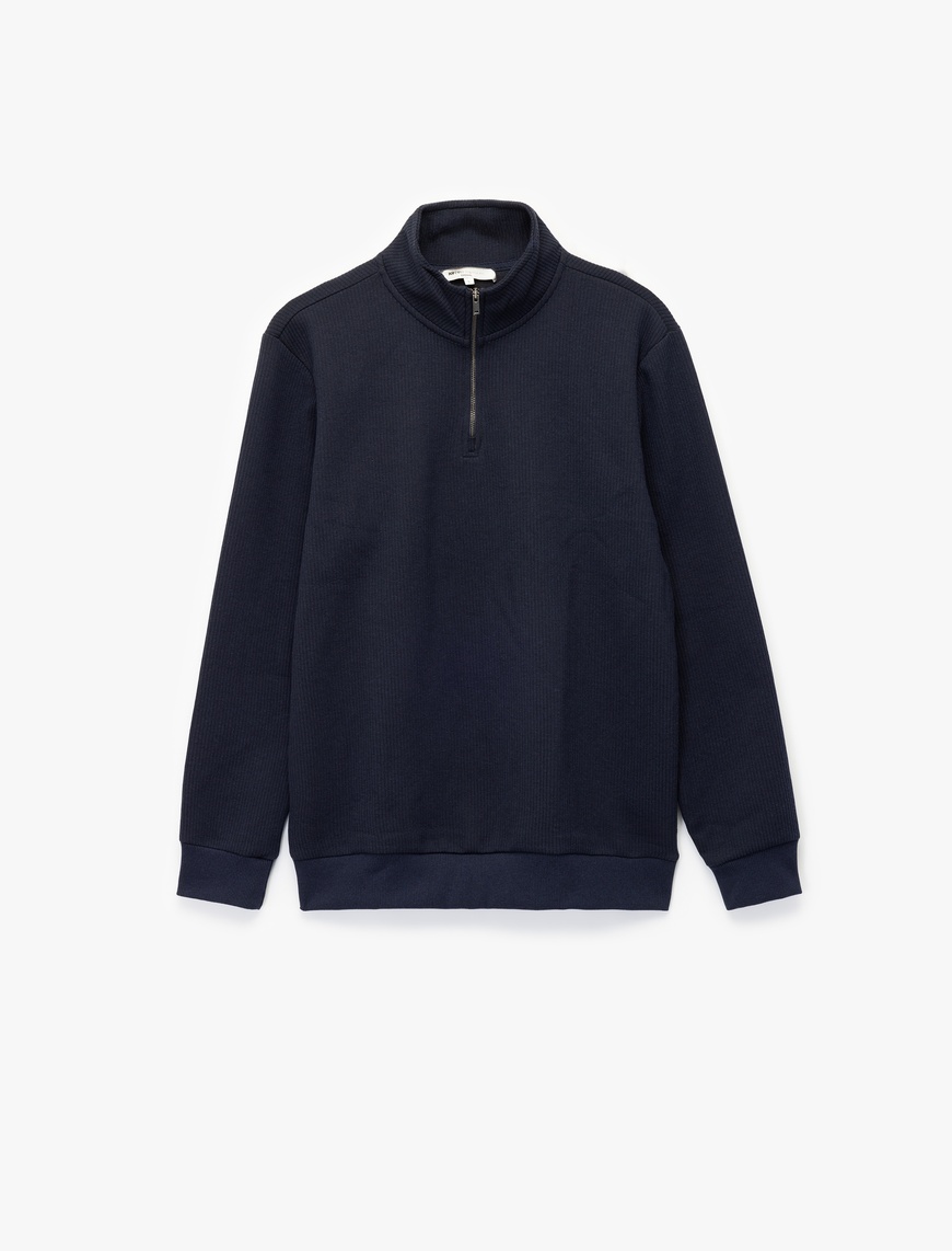   Dokulu Uzun Kollu Yarım Fermuarlı Sweatshirt
