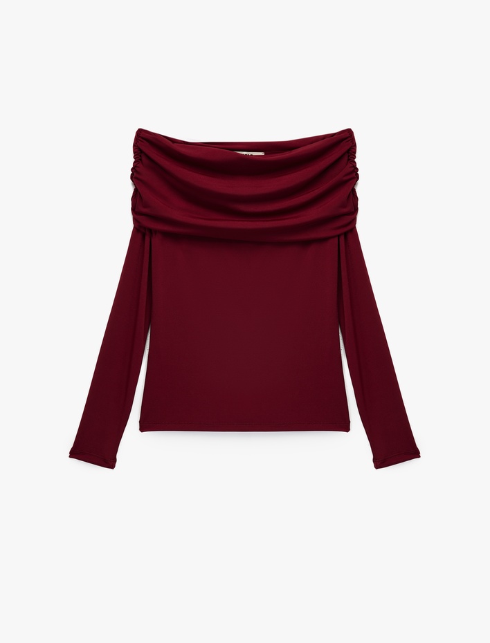  Slim Fit Uzun Kollu Drapeli Omzu Açık Tişört