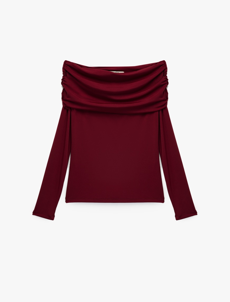   Slim Fit Uzun Kollu Drapeli Omzu Açık Tişört