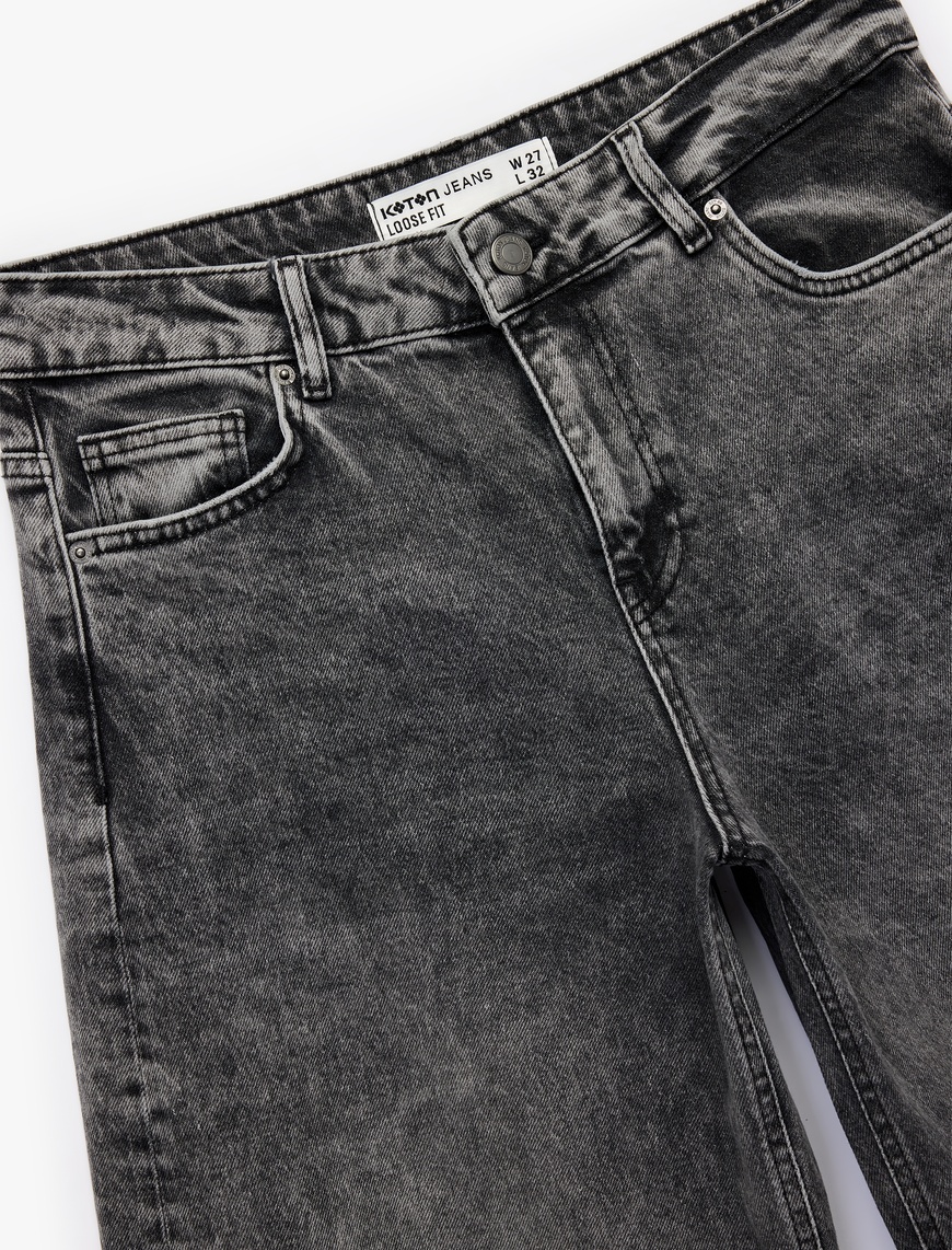   Pamuklu Bol Kalıp Düğmeli Cepli Yıkamalı Jean Pantolon - Loose Straight Fit Jean