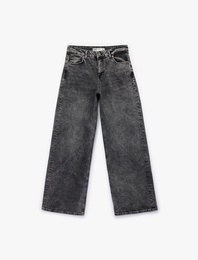 Pamuklu Bol Kalıp Düğmeli Cepli Yıkamalı Jean Pantolon - Loose Straight Fit Jean