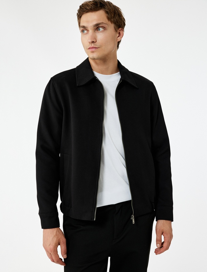  Slim Fit Cep Detaylı Uzun Kollu Fermuarlı Gömlek Yaka Mevsimlik Ceket