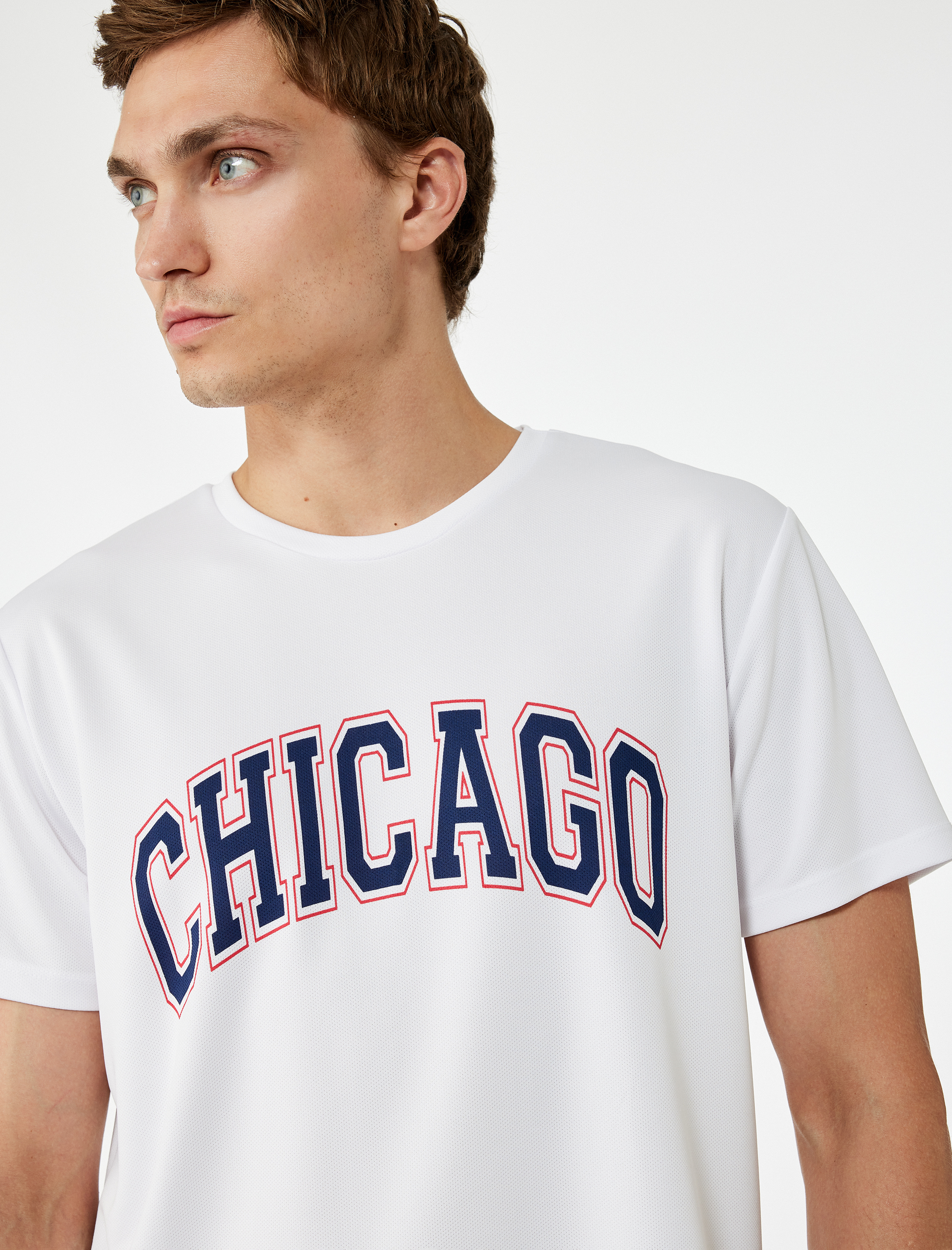   Rahat Kalıp Kısa Kollu Bisiklet Yaka Baskılı Spor Tişört