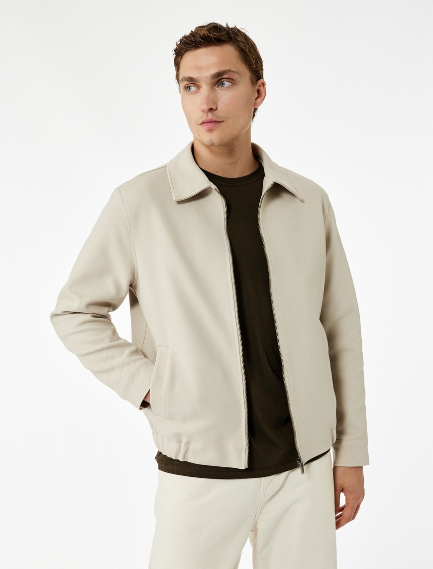   Slim Fit Cep Detaylı Uzun Kollu Fermuarlı Gömlek Yaka Mevsimlik Ceket