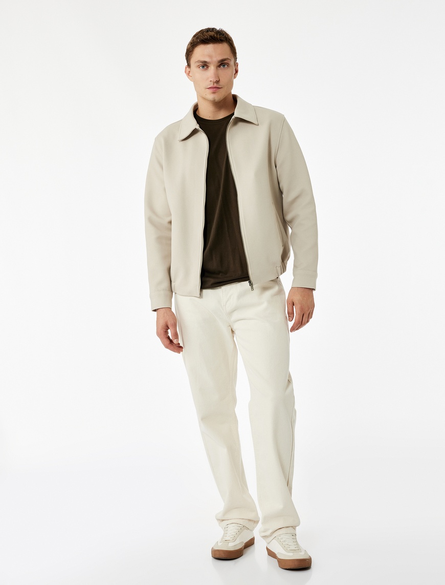   Slim Fit Cep Detaylı Uzun Kollu Fermuarlı Gömlek Yaka Mevsimlik Ceket