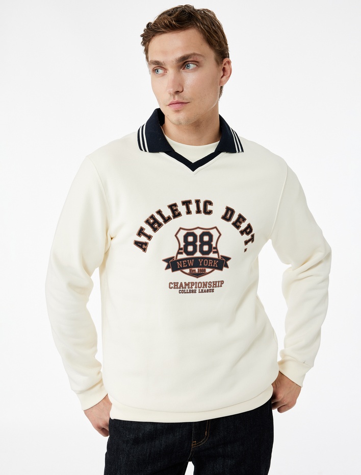  Renk Kontrastlı Polo Yaka Uzun Kollu Kolej Baskılı Sweatshirt