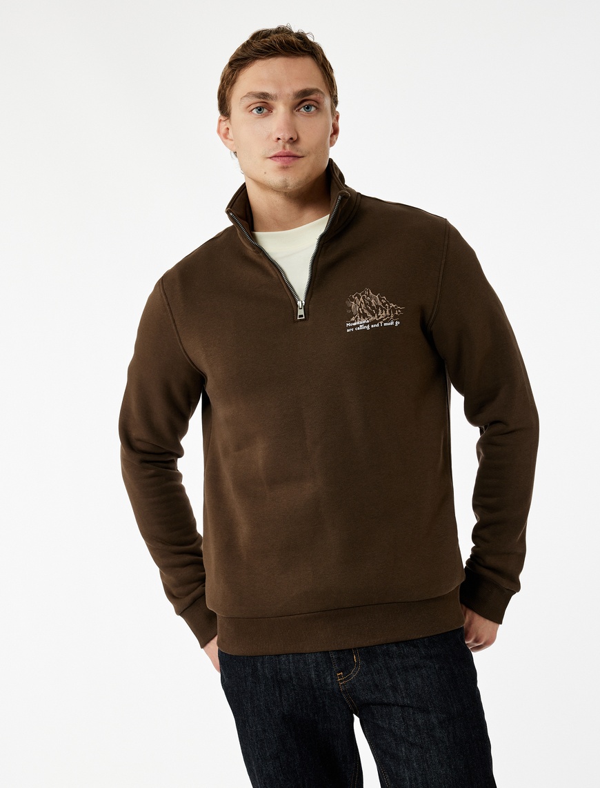   Şardonlu Uzun Kollu Baskılı Yarım Fermuarlı Sweatshirt