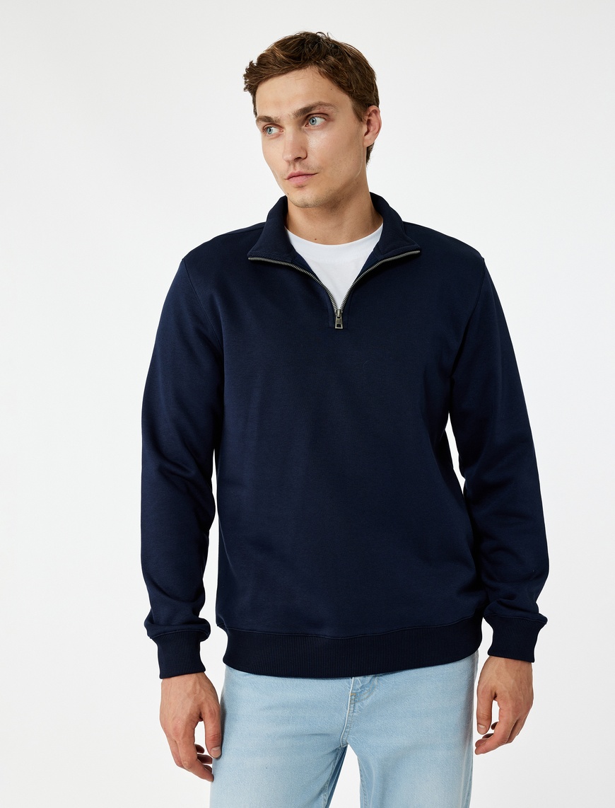   Uzun Kollu Şardonlu Basic Yarım Fermuarlı Sweatshirt