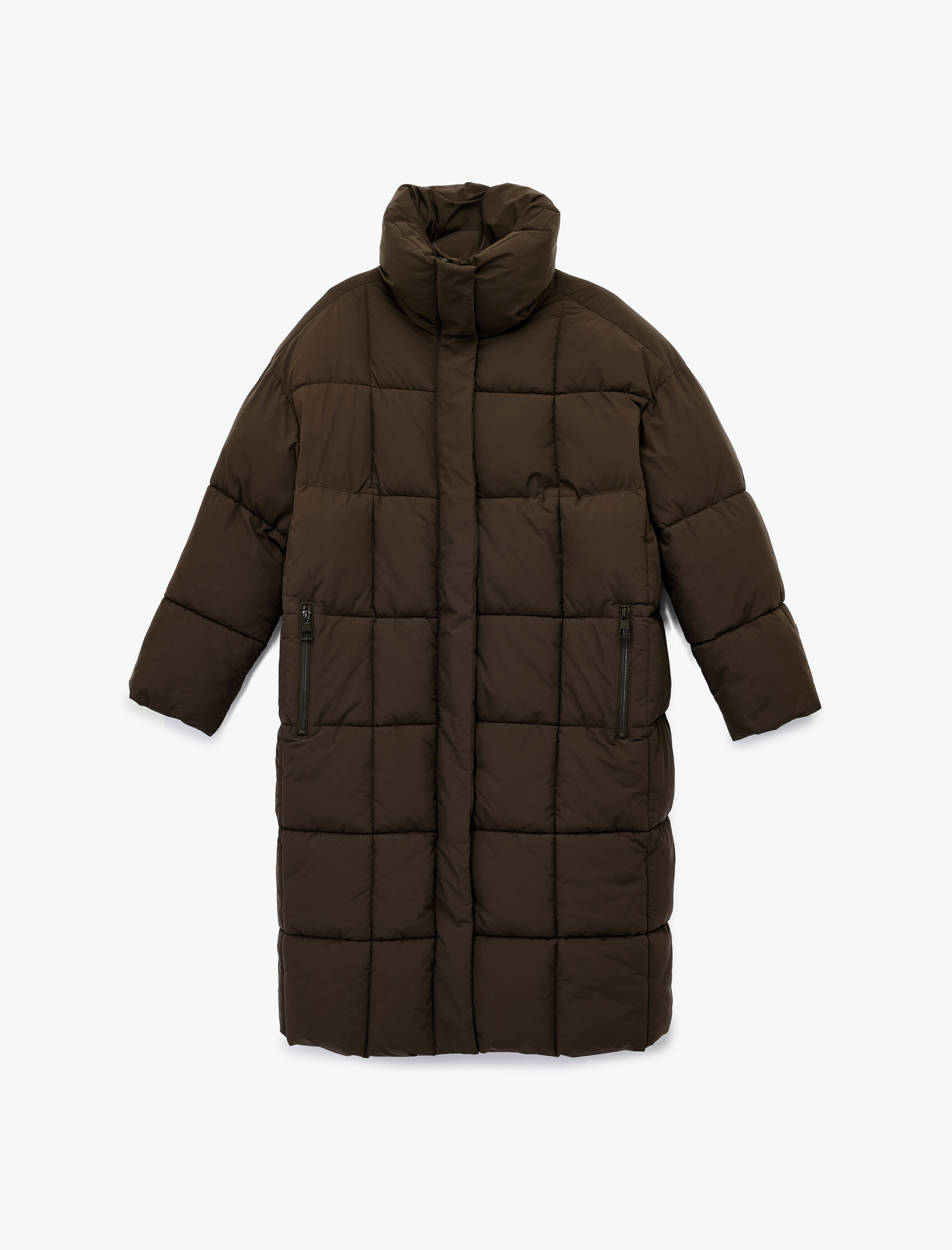   Fermuarlı Cepli Dik Yaka Uzun Kollu Kapitone Su İtici Oversize Uzun Şişme Mont