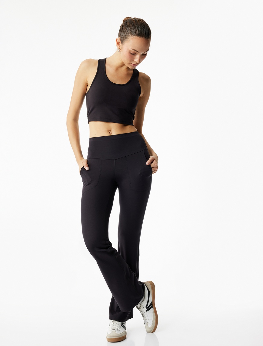   Yüksek Bel Slim Fit Cep Detaylı İspanyol Paça Spor Tayt