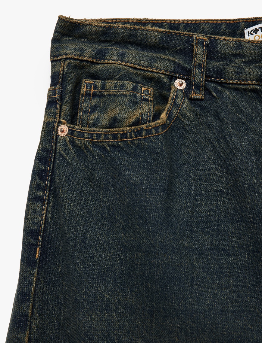   Düşük Bel Düz Paça Pamuklu Straight Yıkamalı Bol Jean Pantolon - Loose Straight Fit Jean