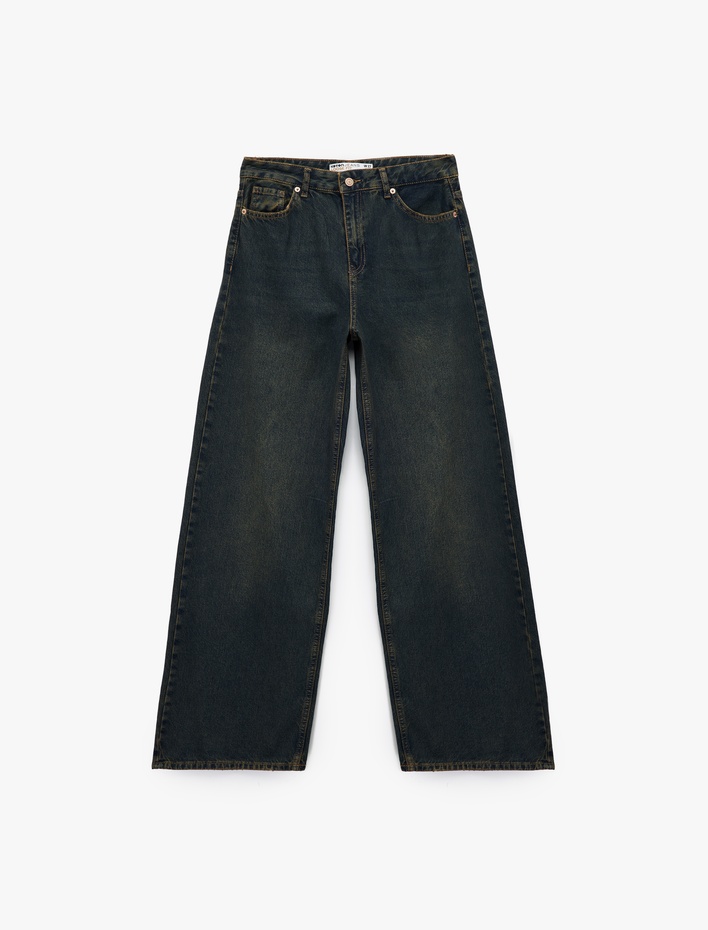  Düşük Bel Düz Paça Pamuklu Straight Yıkamalı Bol Jean Pantolon - Loose Straight Fit Jean