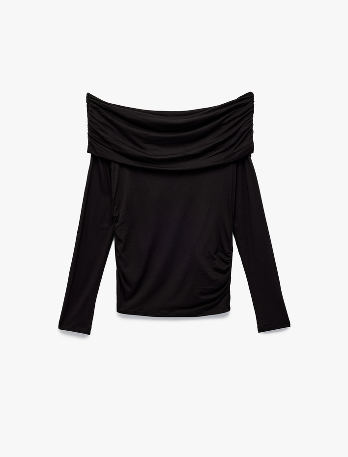  Slim Fit Omzu Açık Drapeli Uzun Kollu Viskon Tişört