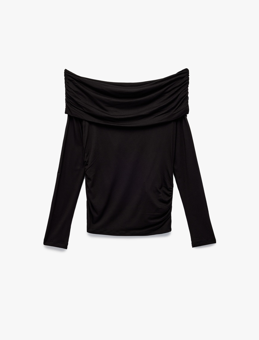   Slim Fit Omzu Açık Drapeli Uzun Kollu Viskon Tişört