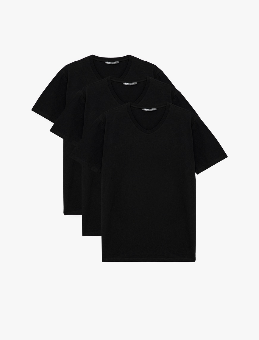   Slim Fit Kısa Kollu Pamuklu Basic V Yaka 3'lü Tişört Seti