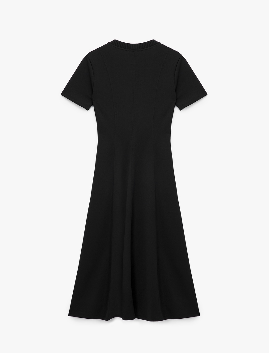  Krep Scuba Kumaş Slim Fit Kısa Kollu Bisiklet Yaka Midi Boy Kloş Elbise