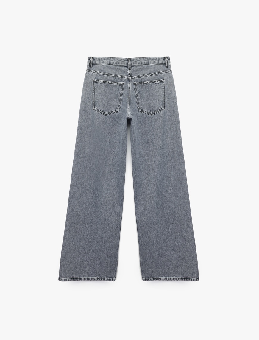   Yıkamalı Düğmeli Cepli Pamuklu Bol Kalıp Geniş Paça Jean Pantolon - Loose Straight Fit Jean
