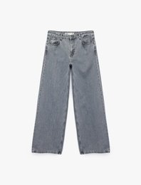 Yıkamalı Düğmeli Cepli Pamuklu Bol Kalıp Geniş Paça Jean Pantolon - Loose Straight Fit Jean