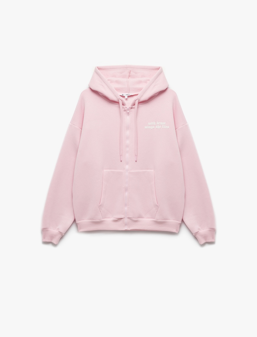   Baskılı Uzun Kollu Şardonlu Kanguru Cepli Fermuarlı Sweatshirt