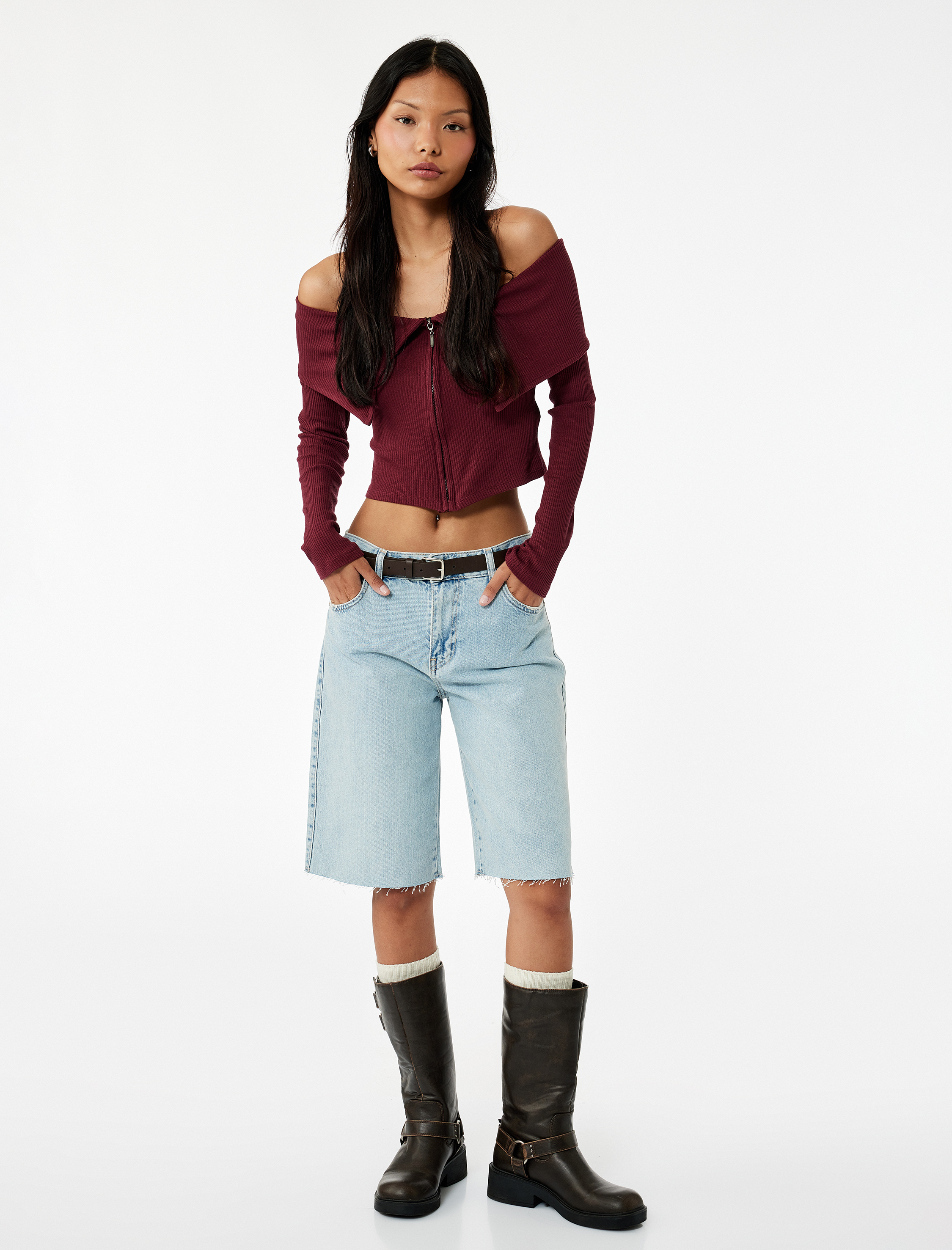   Slim Fit Fermuarlı Omzu Açık Uzun Kollu Tişört