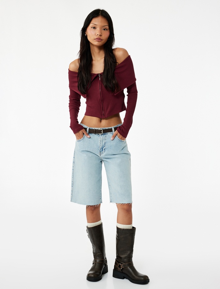  Slim Fit Fermuarlı Omzu Açık Uzun Kollu Tişört