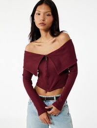 Slim Fit Fermuarlı Omzu Açık Uzun Kollu Tişört