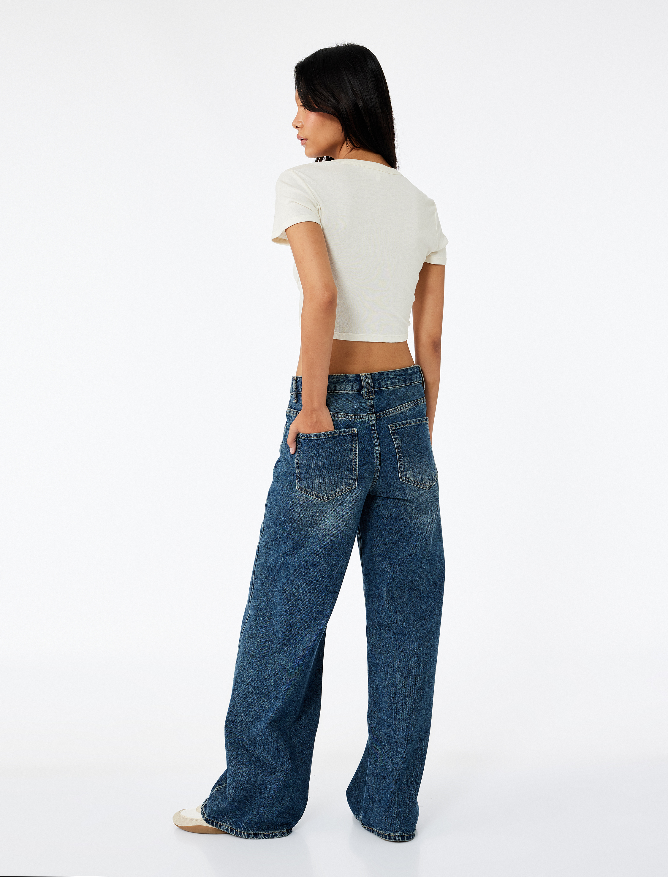   Standart Bel Regular Fit Geniş Paça Bağcıklı Jean Pantolon - Wide Leg Jeans
