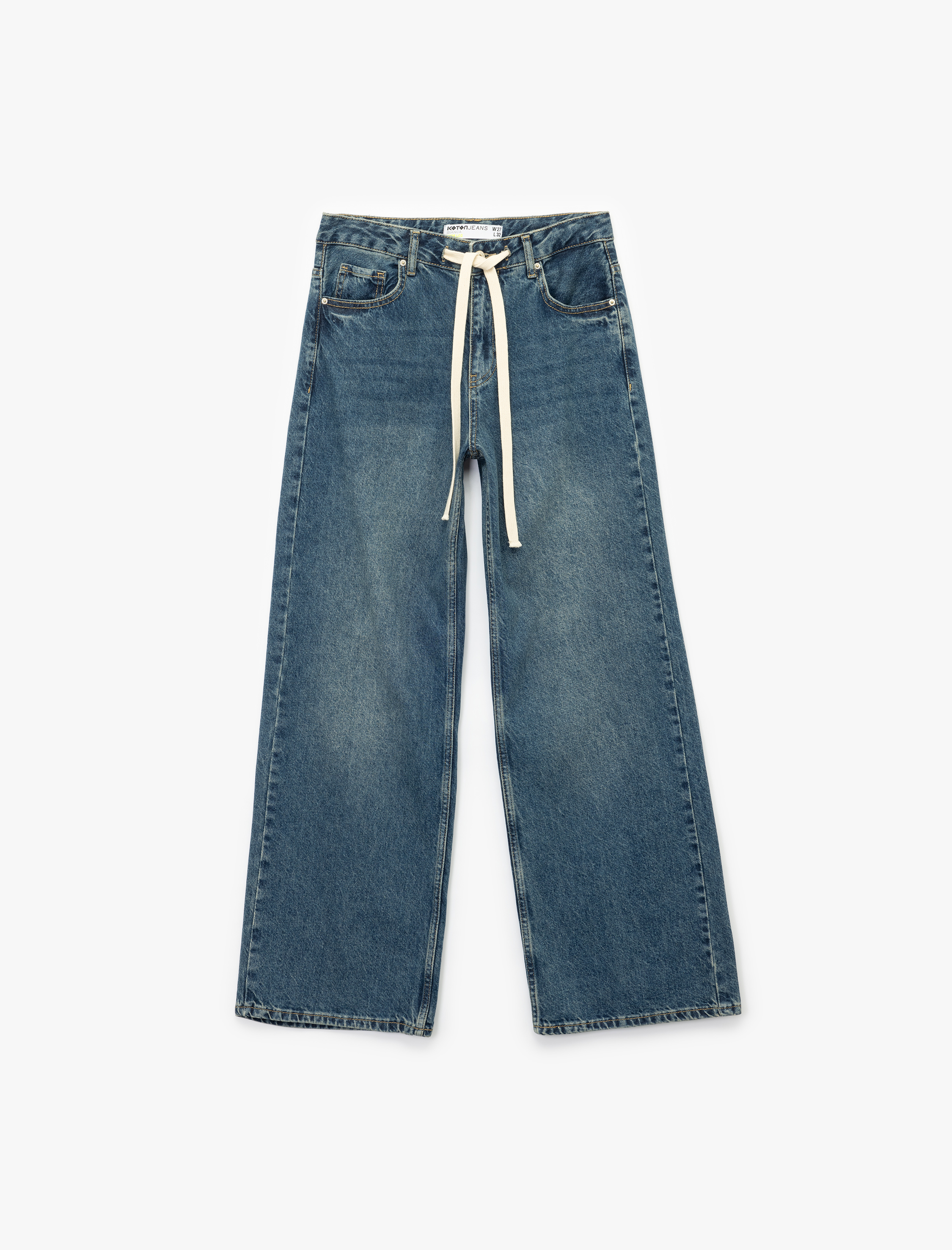   Standart Bel Regular Fit Geniş Paça Bağcıklı Jean Pantolon - Wide Leg Jeans