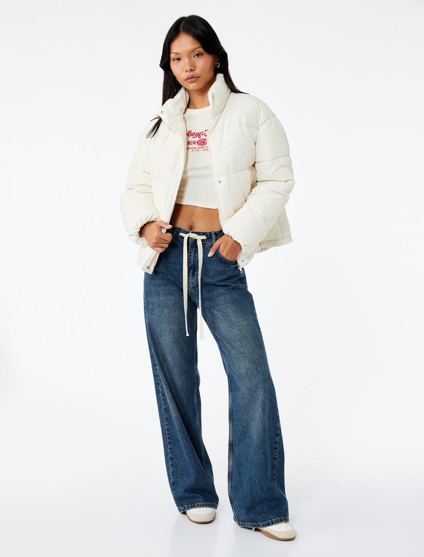   Standart Bel Regular Fit Geniş Paça Bağcıklı Jean Pantolon - Wide Leg Jeans