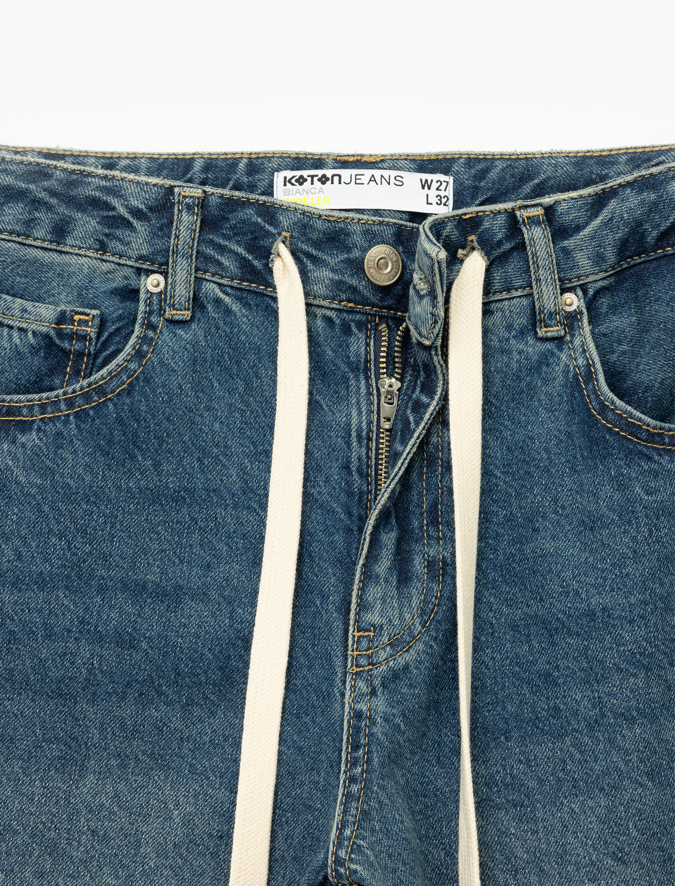   Standart Bel Regular Fit Geniş Paça Bağcıklı Jean Pantolon - Wide Leg Jeans