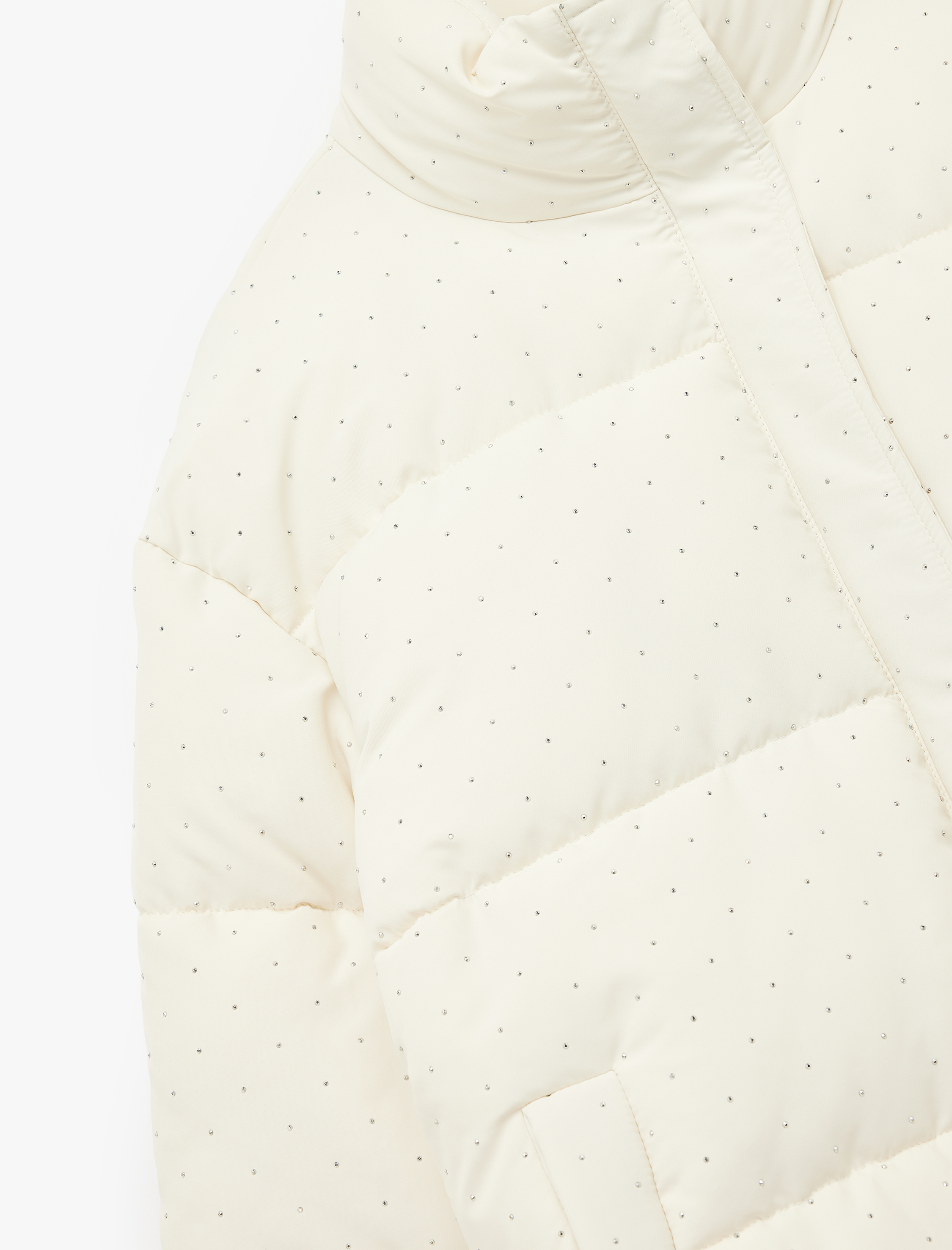 Dik Yaka Fermuarlı Cep Detaylı Taşlı Şişme Mont