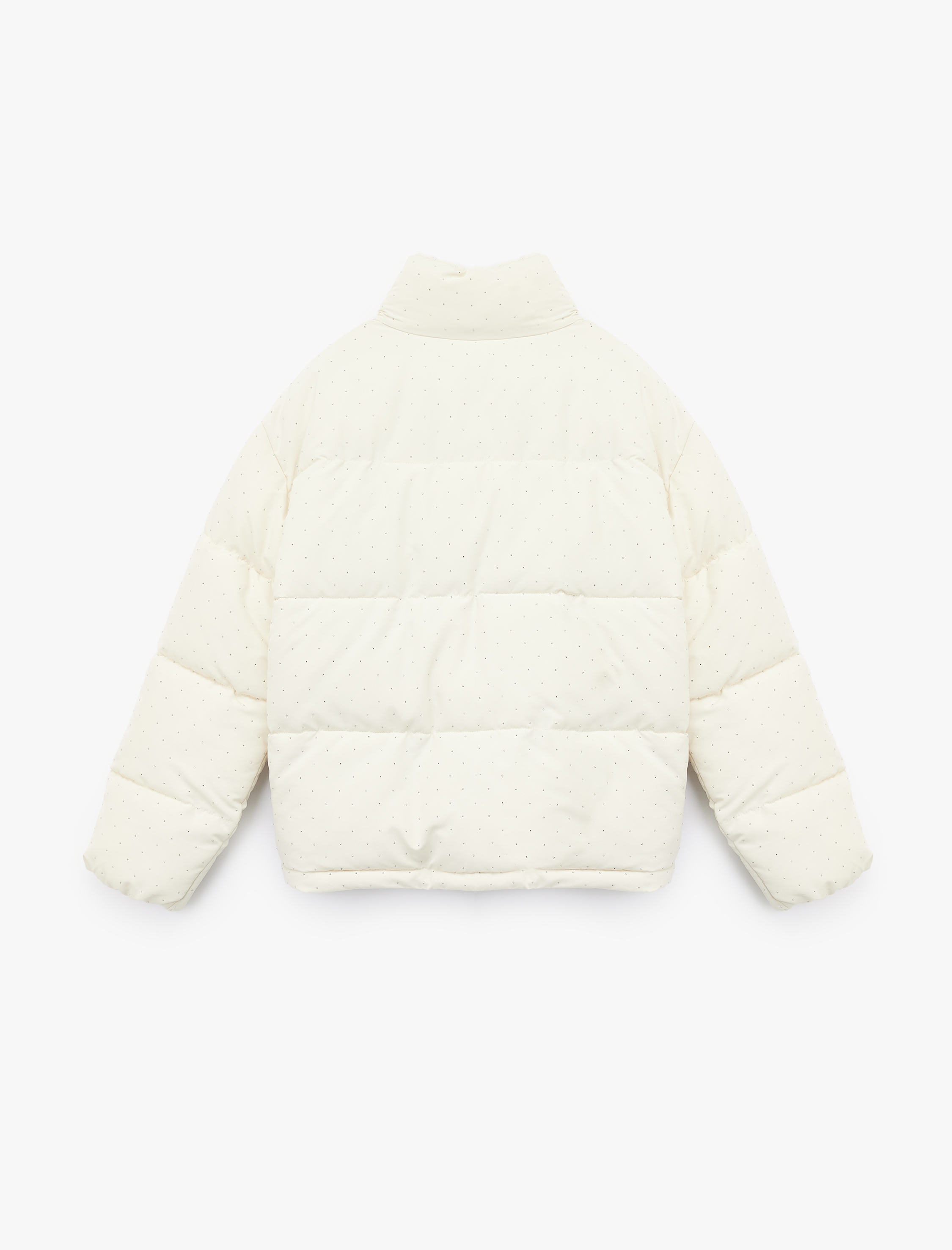 Dik Yaka Fermuarlı Cep Detaylı Taşlı Şişme Mont