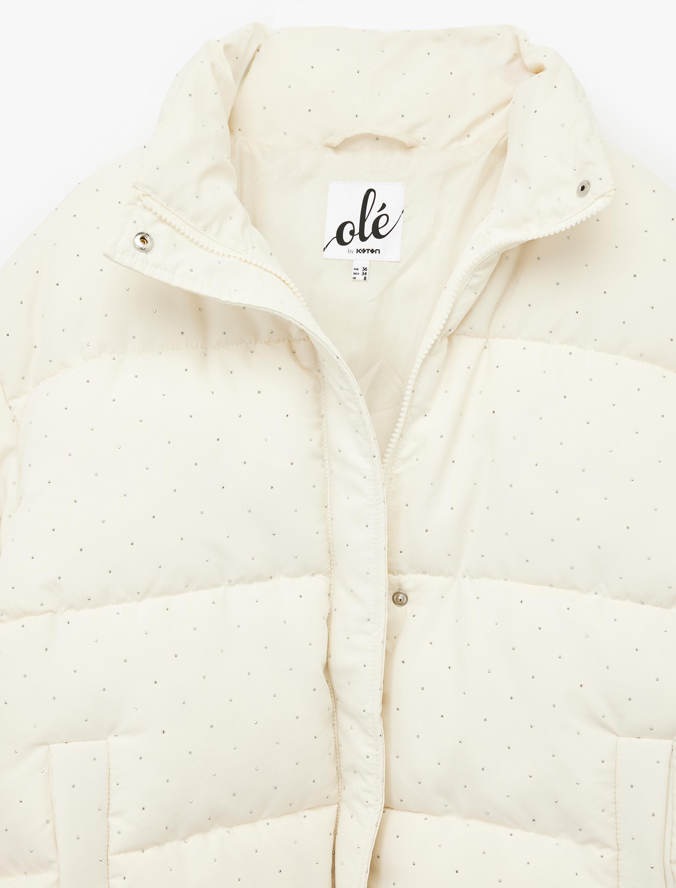 Dik Yaka Fermuarlı Cep Detaylı Taşlı Şişme Mont