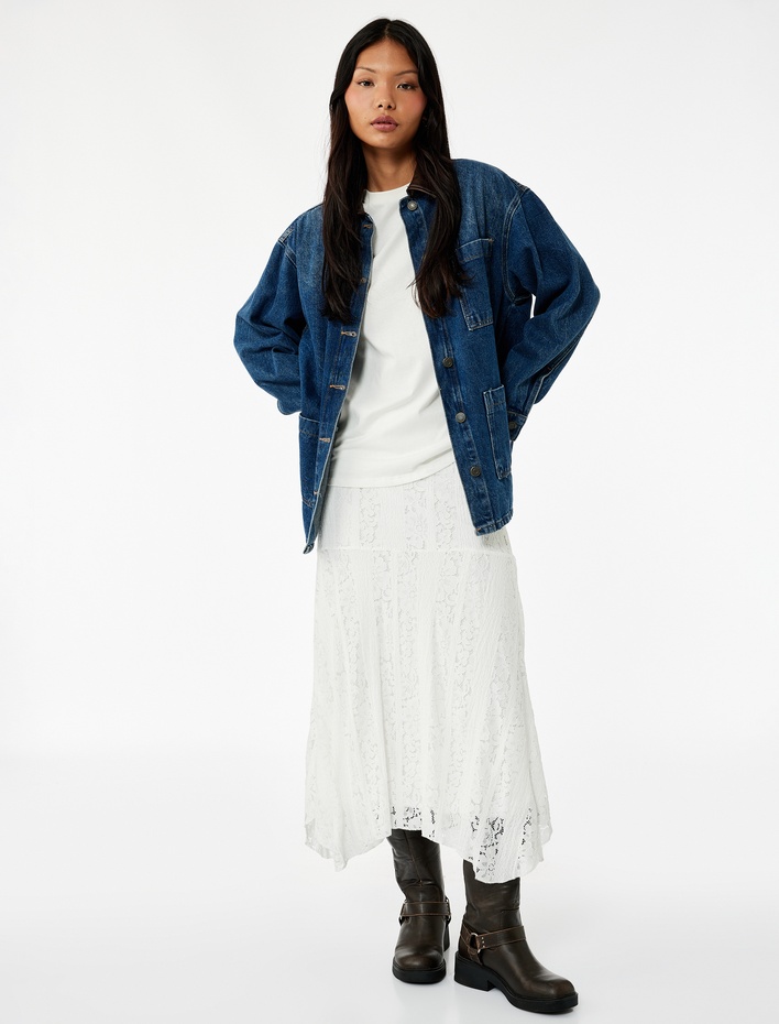  Asimetrik Yüksek Bel Pamuk Karışımlı Dantel Midi Etek