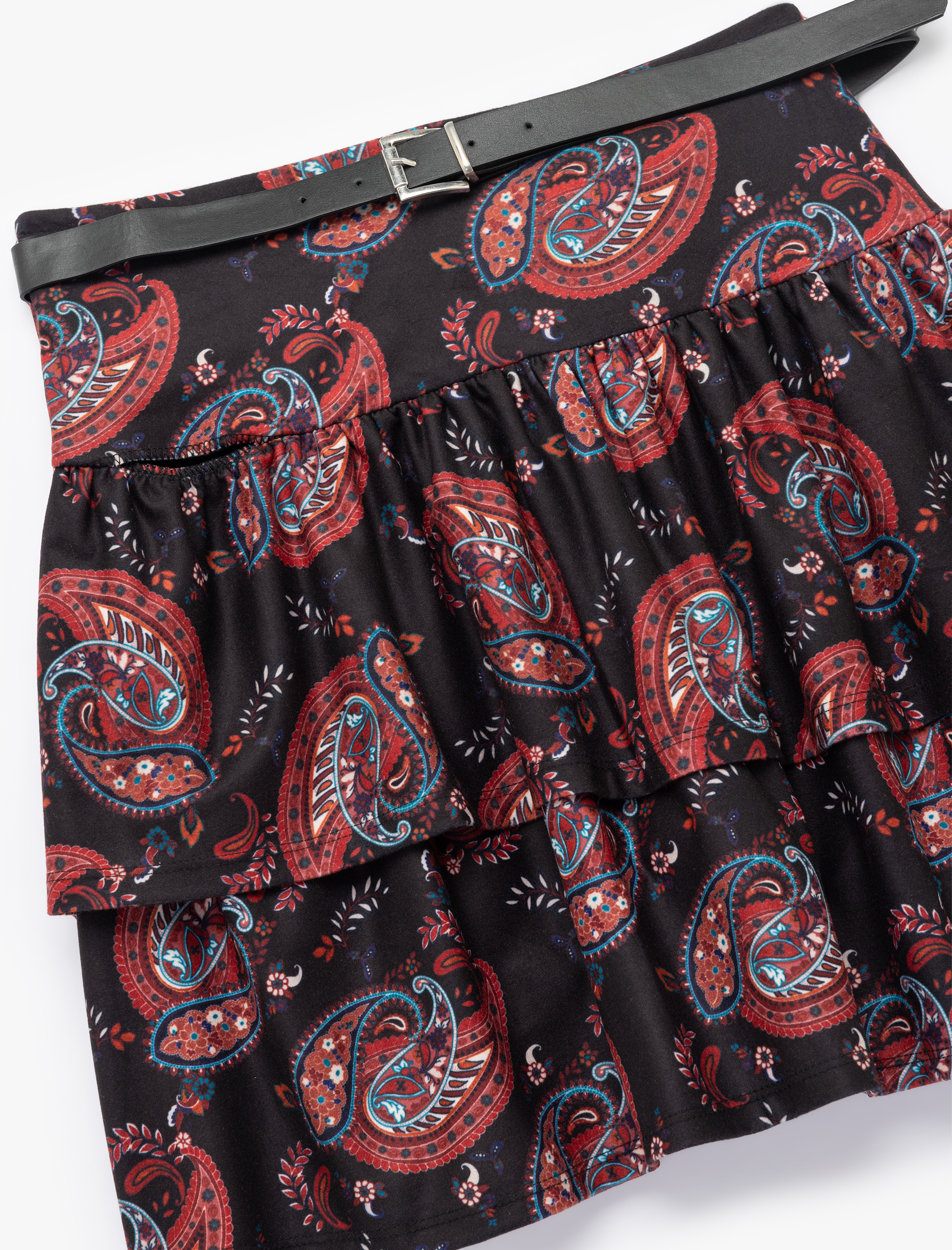 Katlı Kemerli Yüksek Bel A Kesim Volanlı Mini Etek