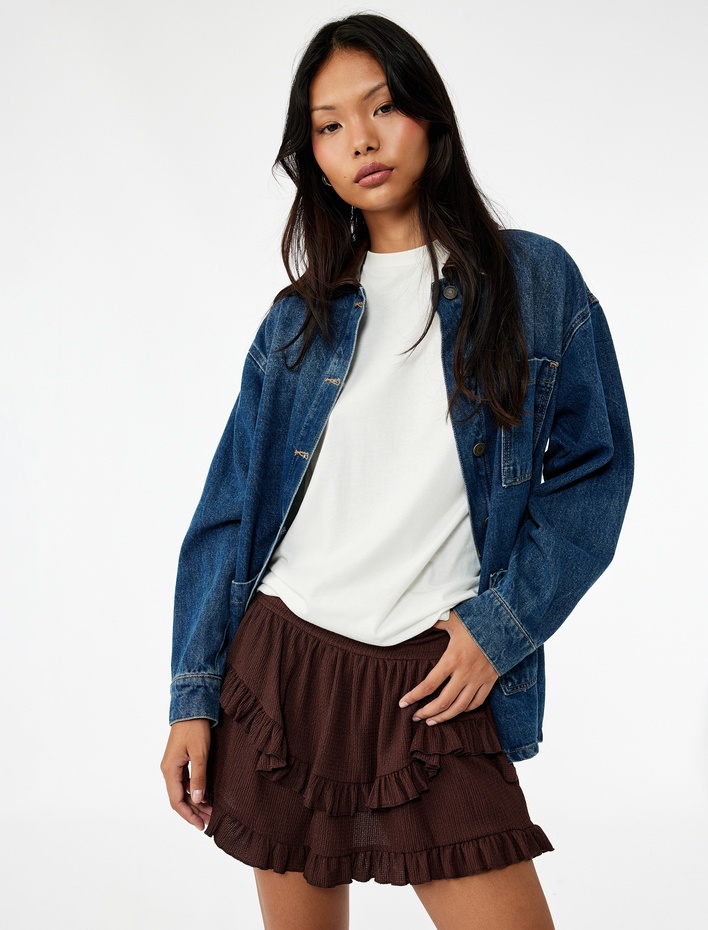  Katlı Volanlı Fırfırlı Yüksek Bel Bürümcük Mini Etek