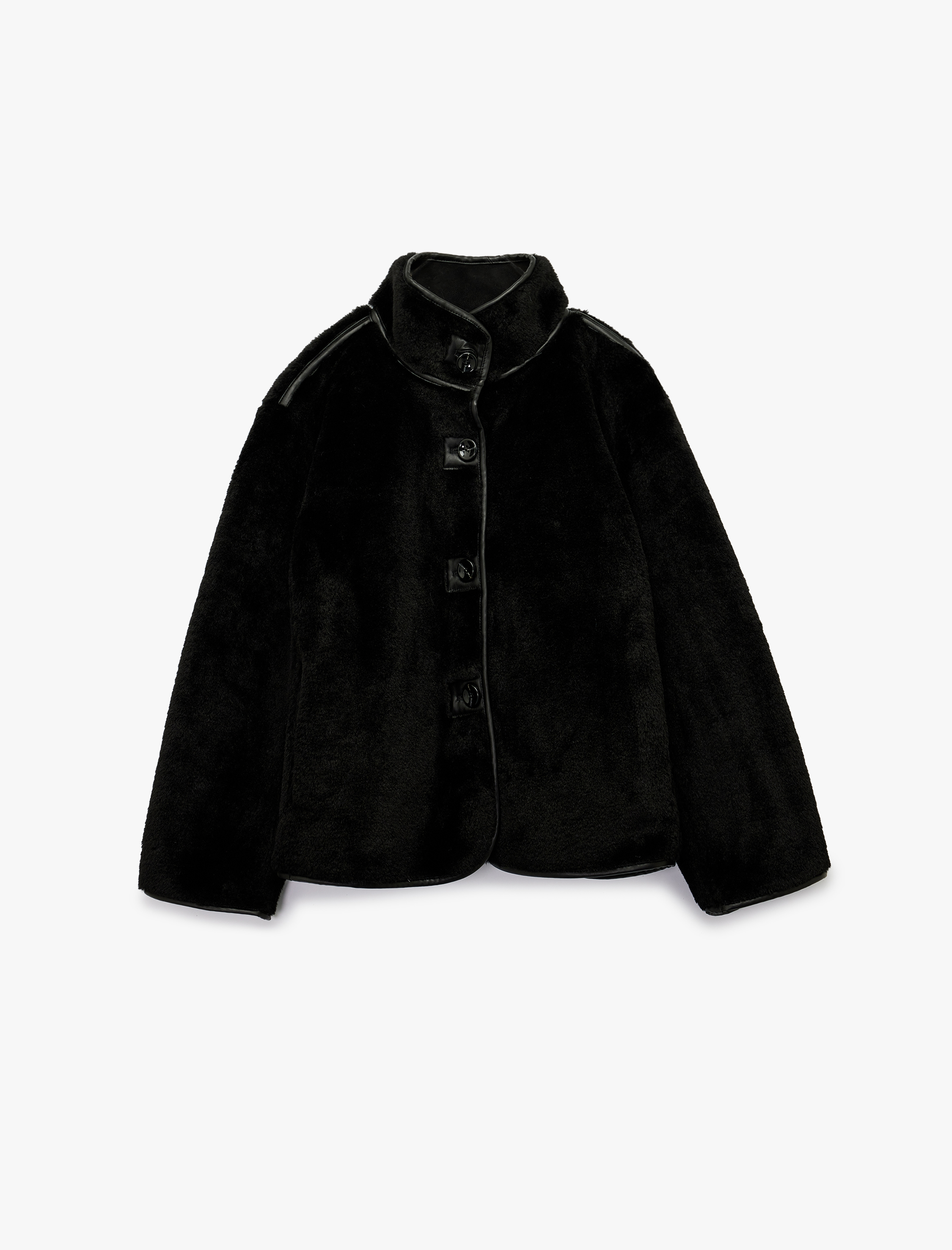   Dik Yaka Kaban Peluş Biye Detaylı Düğmeli Uzun Kollu