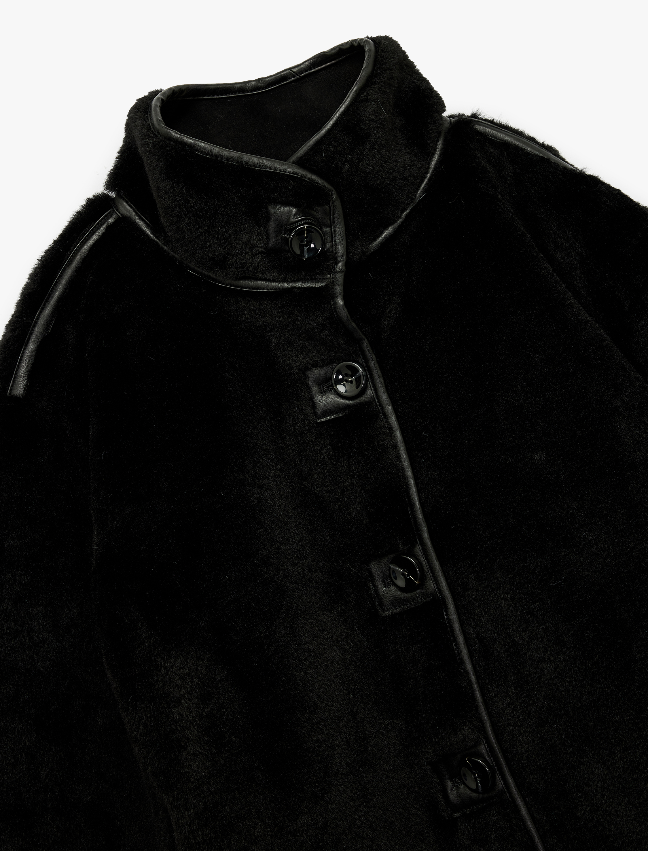   Dik Yaka Kaban Peluş Biye Detaylı Düğmeli Uzun Kollu