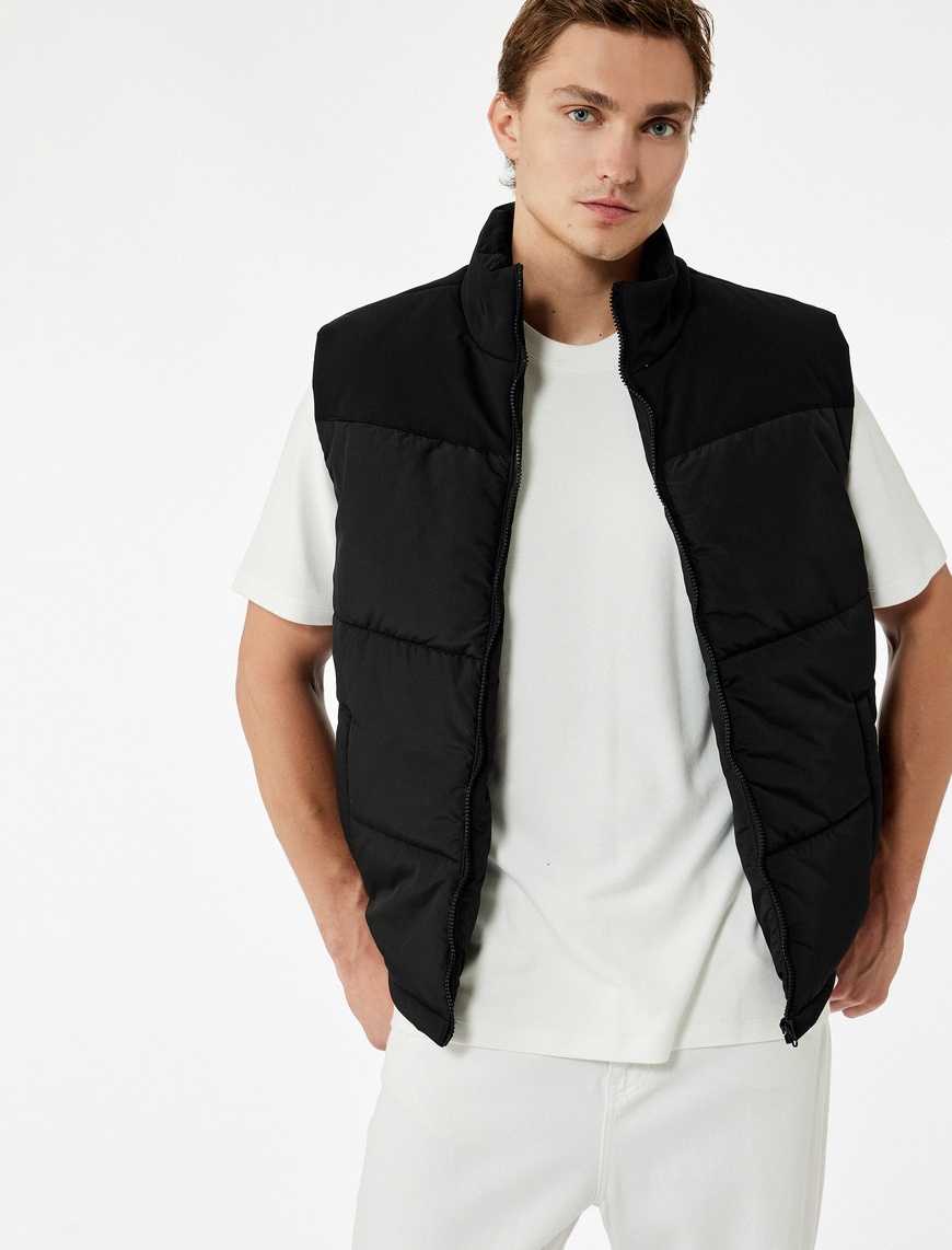   Fermuarlı Cep Detaylı Slim Fit Dik Yaka Kolsuz Şişme Yelek