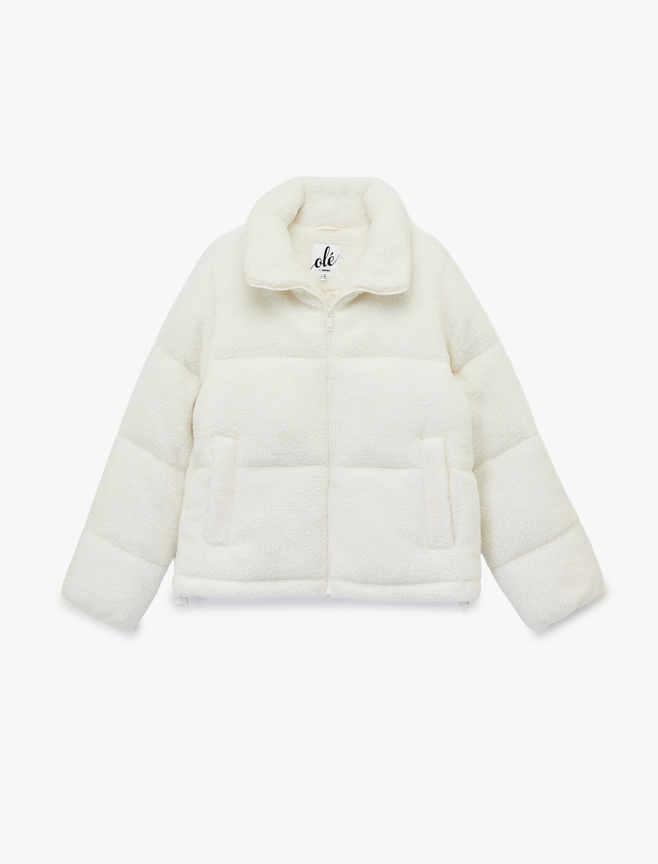 Fermuarlı Dik Yaka Uzun Kollu Cep Detaylı Peluş Mont