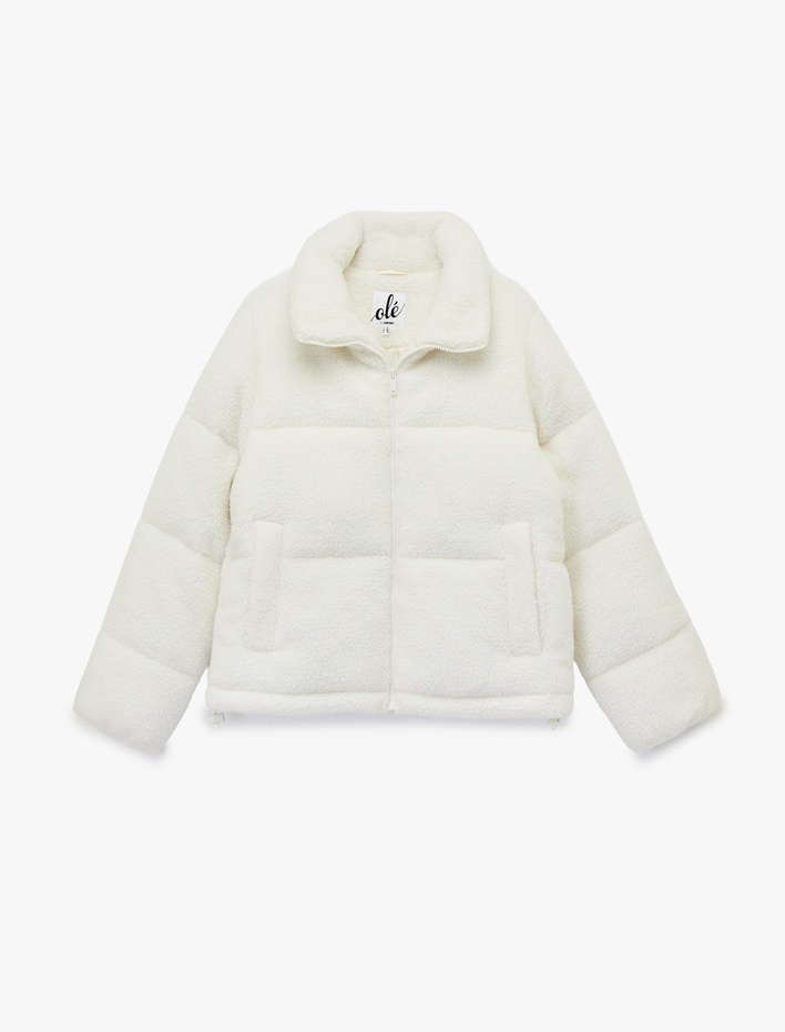  Fermuarlı Dik Yaka Uzun Kollu Cep Detaylı Peluş Mont