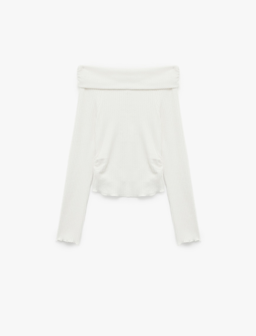   Viskon Karışımlı Kaşkorse Omzu Açık Slim Fit Uzun Kollu Tişört