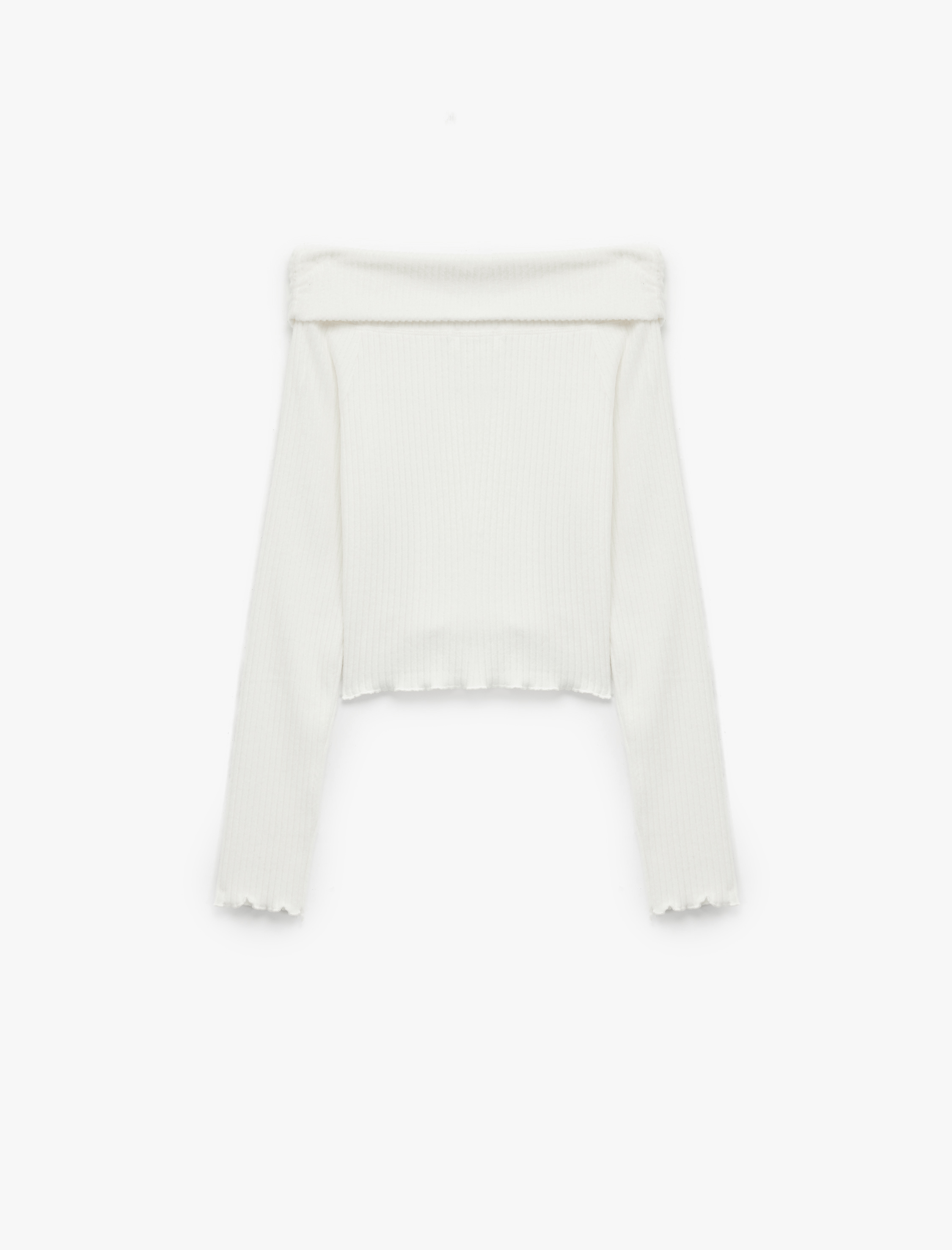   Viskon Karışımlı Kaşkorse Omzu Açık Slim Fit Uzun Kollu Tişört