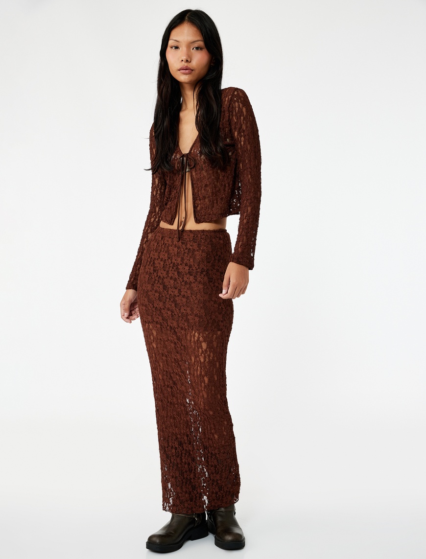   Slim Fit Yüksek Bel Dantel Midi Kalem Etek